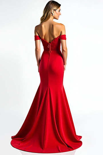 Red Mermaid Off The Shoulder Long Corset Prom Dress With Lace